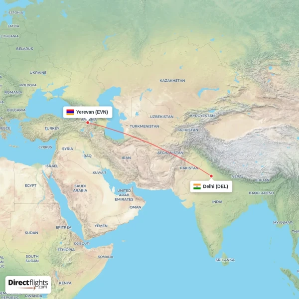 Delhi - Yerevan direct flight map