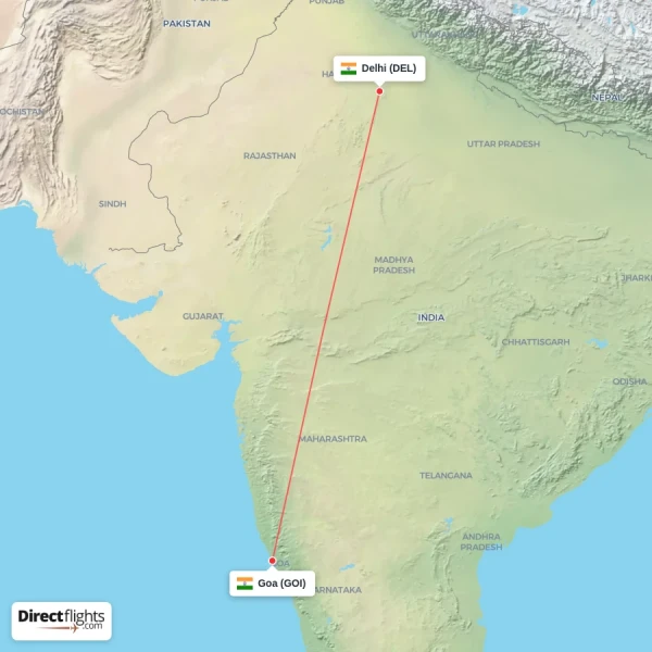 Delhi - Goa direct flight map