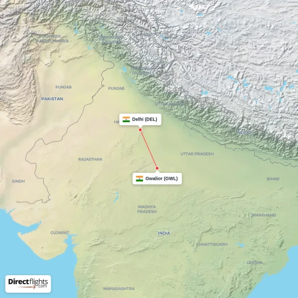 Delhi - Gwalior direct flight map