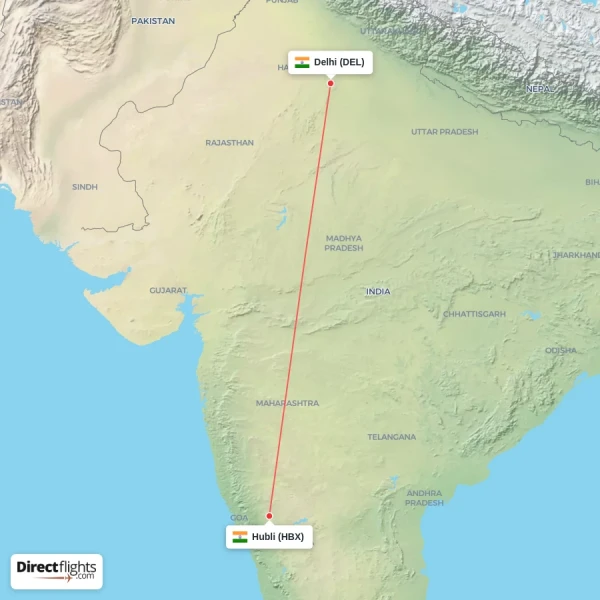Delhi - Hubli direct flight map