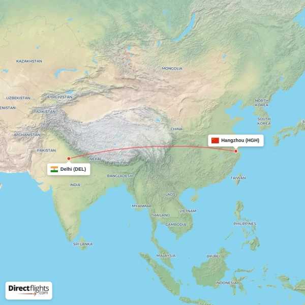 Delhi - Hangzhou direct flight map