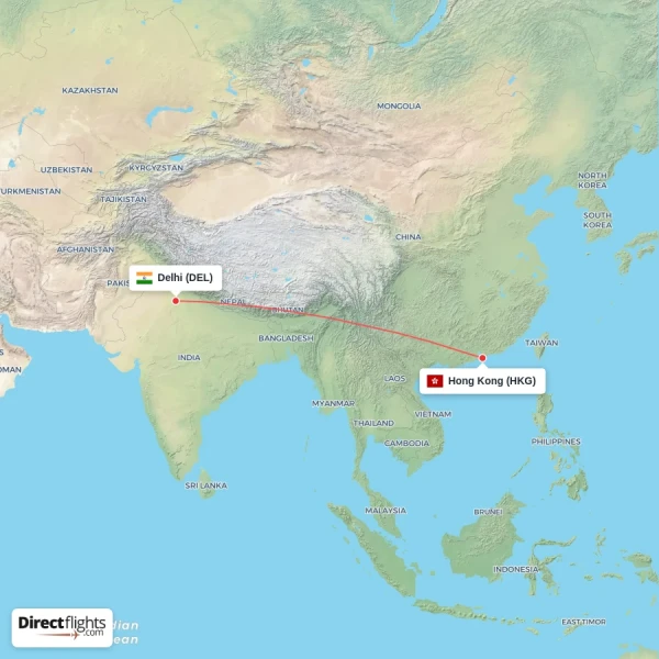 Delhi - Hong Kong direct flight map