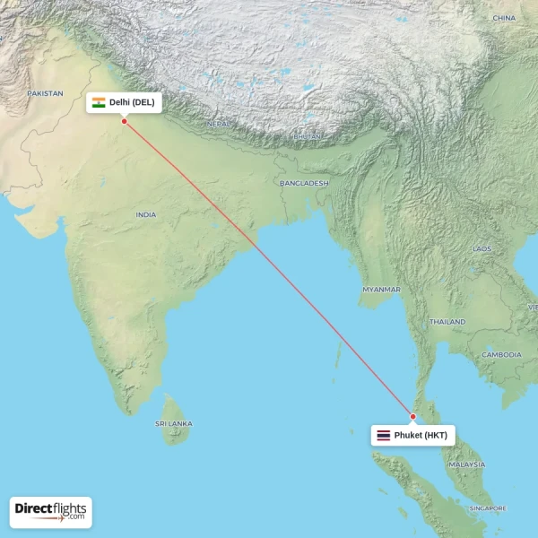Delhi - Phuket direct flight map