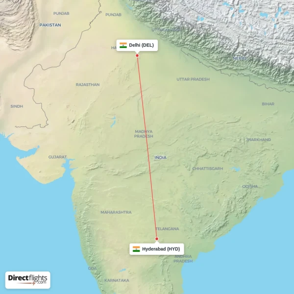 Delhi - Hyderabad direct flight map