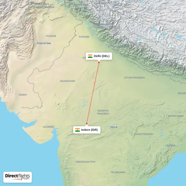 Delhi - Indore direct flight map
