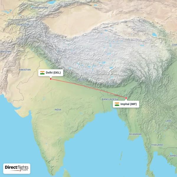 Delhi - Imphal direct flight map