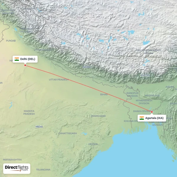 Delhi - Agartala direct flight map