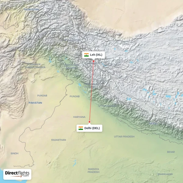 Delhi - Leh direct flight map