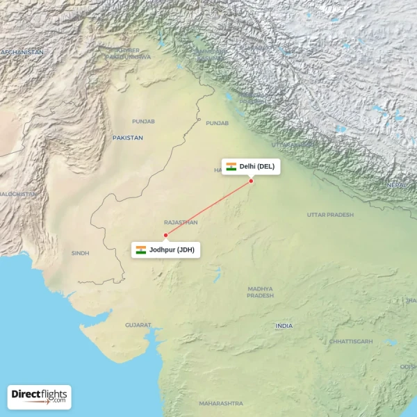 Delhi - Jodhpur direct flight map