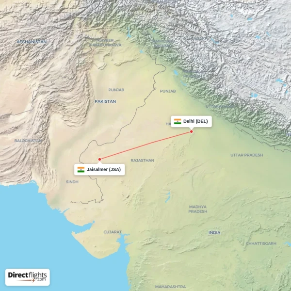 Delhi - Jaisalmer direct flight map