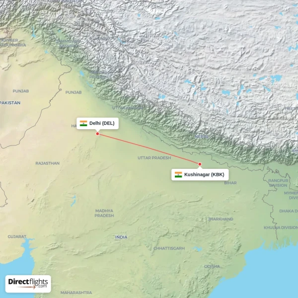 Delhi - Kushinagar direct flight map
