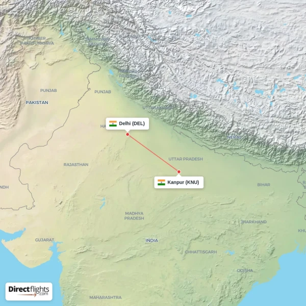 Delhi - Kanpur direct flight map
