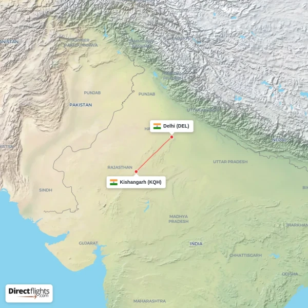 Delhi - Kishangarh direct flight map