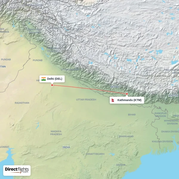Delhi - Kathmandu direct flight map