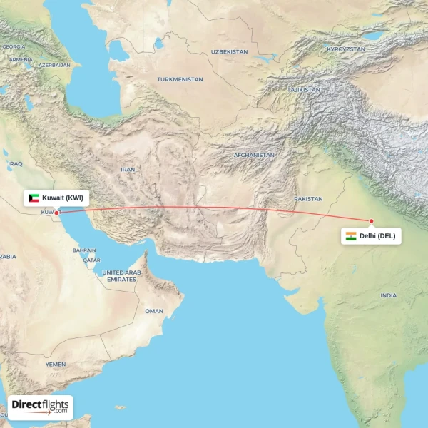 Delhi - Kuwait direct flight map