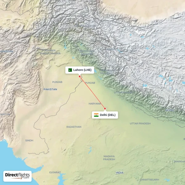 Delhi - Lahore direct flight map