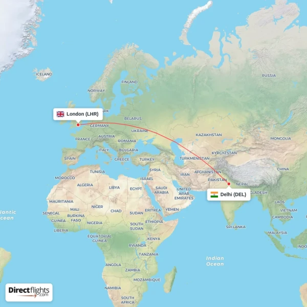 Delhi - London direct flight map
