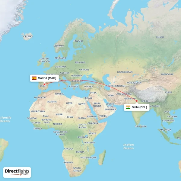 Delhi - Madrid direct flight map
