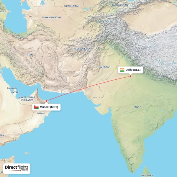 Delhi - Muscat direct flight map