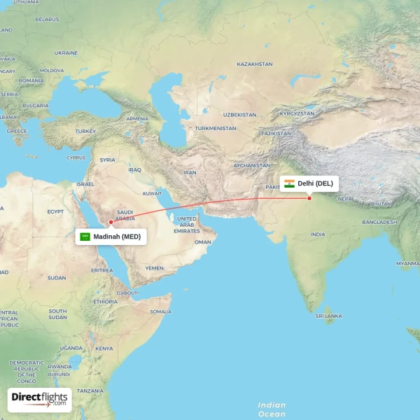 Delhi - Madinah direct flight map