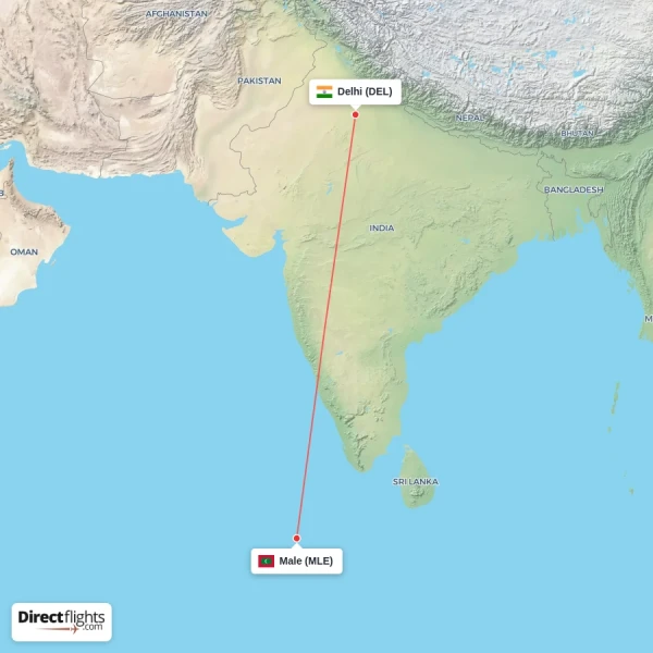 Delhi - Male direct flight map