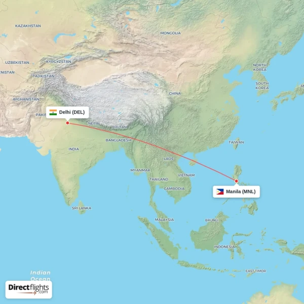 Delhi - Manila direct flight map