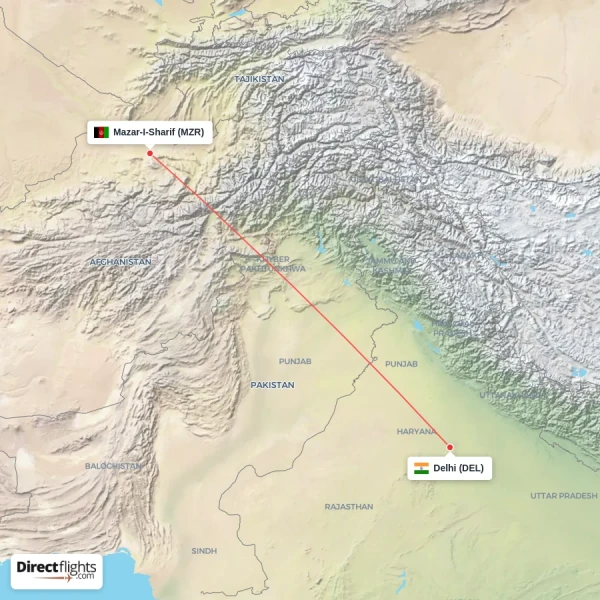 Delhi - Mazar-I-Sharif direct flight map