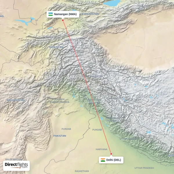 Delhi - Namangan direct flight map