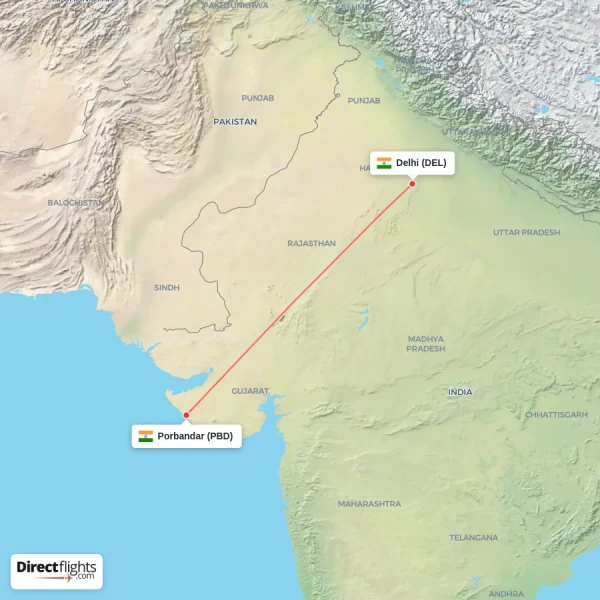 Delhi - Porbandar direct flight map