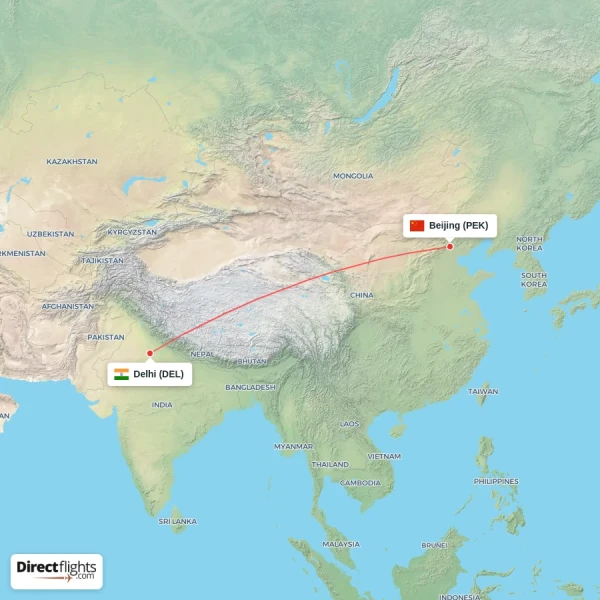 Delhi - Beijing direct flight map