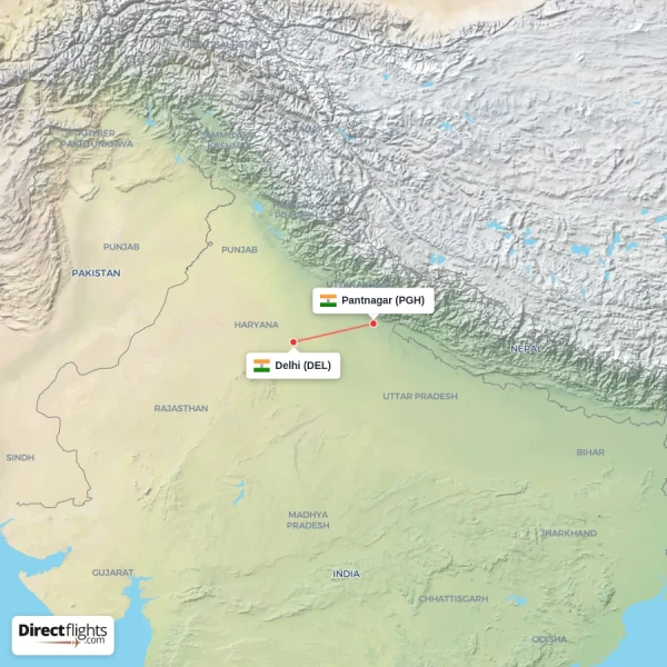 Delhi - Pantnagar direct flight map