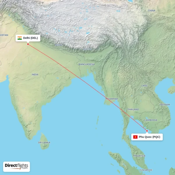 Delhi - Phu Quoc direct flight map