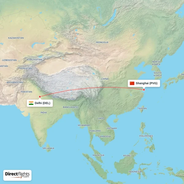 Delhi - Shanghai direct flight map
