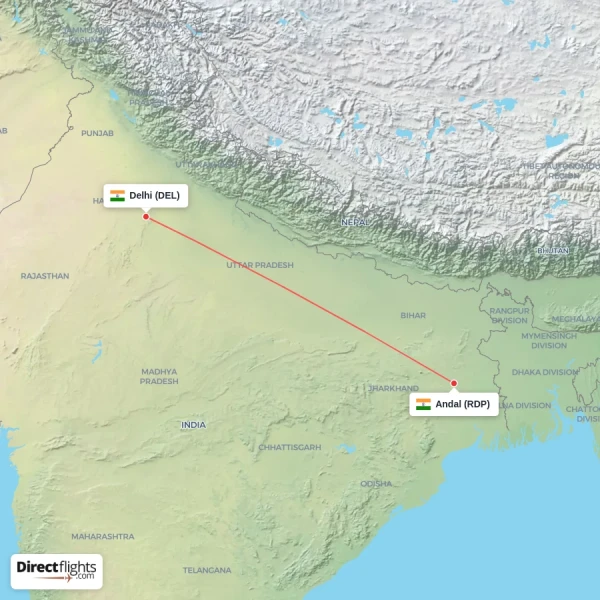 Delhi - Andal direct flight map