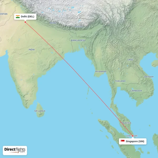 Delhi - Singapore direct flight map