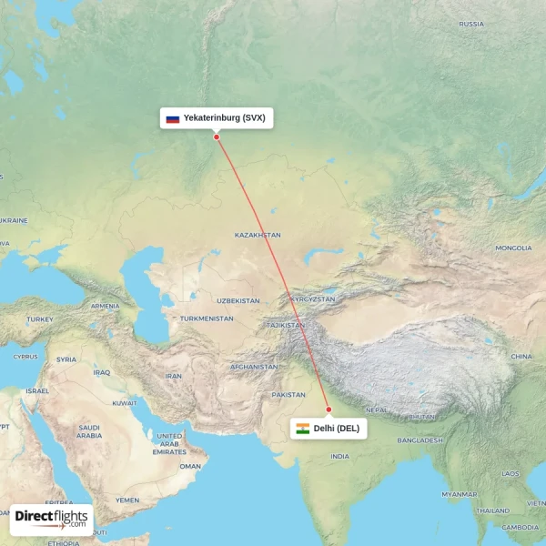 Delhi - Yekaterinburg direct flight map