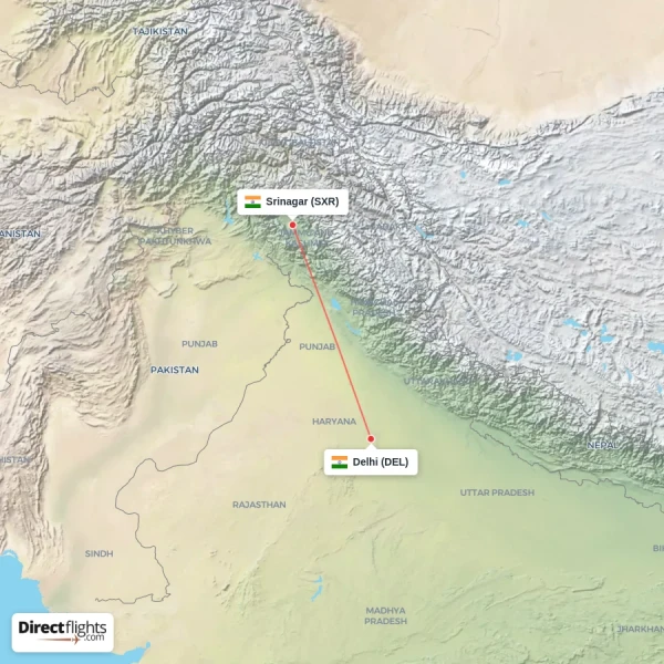 Delhi - Srinagar direct flight map