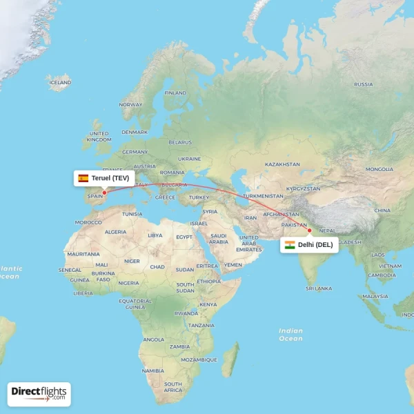 Delhi - Teruel direct flight map