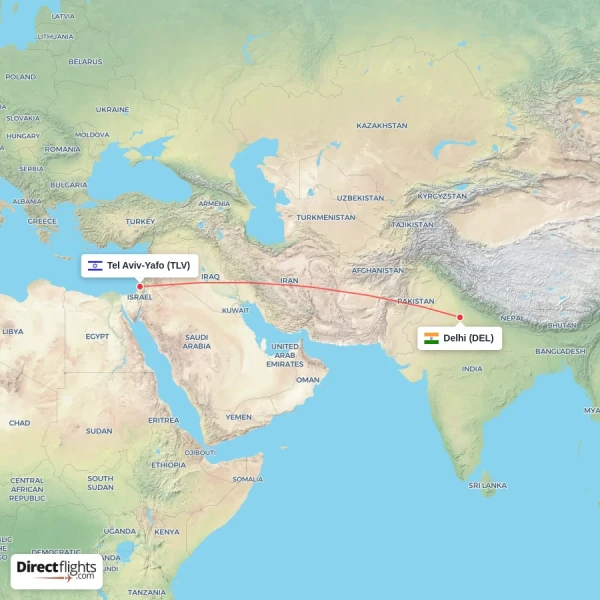 Delhi - Tel Aviv-Yafo direct flight map