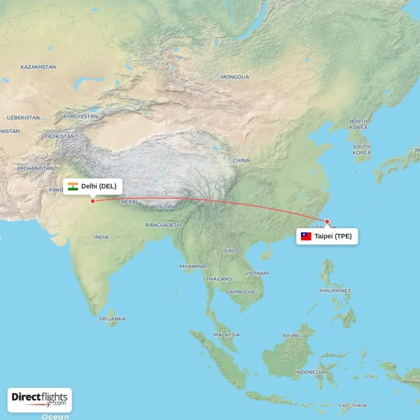 Delhi - Taipei direct flight map