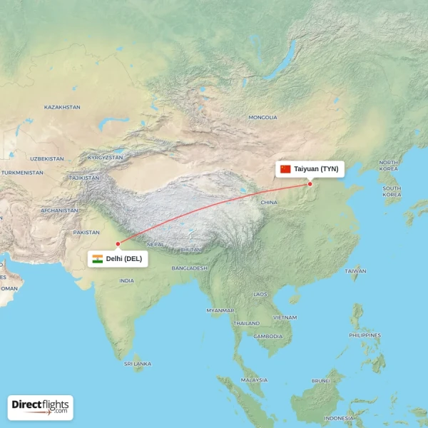 Delhi - Taiyuan direct flight map
