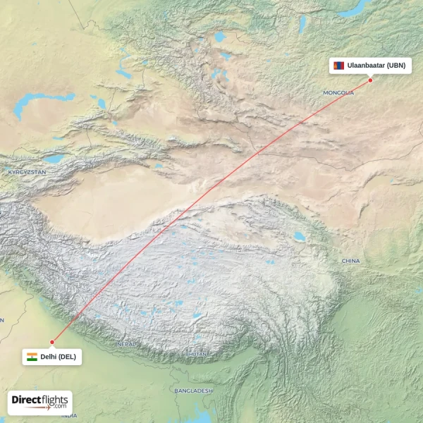 Delhi - Ulaanbaatar direct flight map