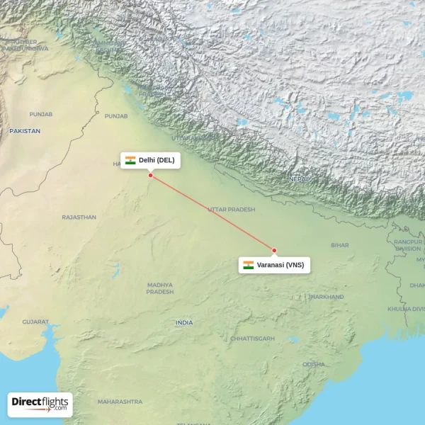 Delhi - Varanasi direct flight map