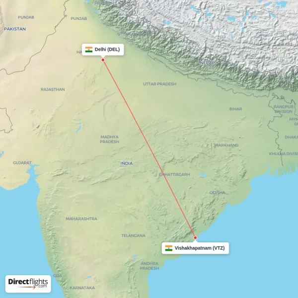 Delhi - Vishakhapatnam direct flight map