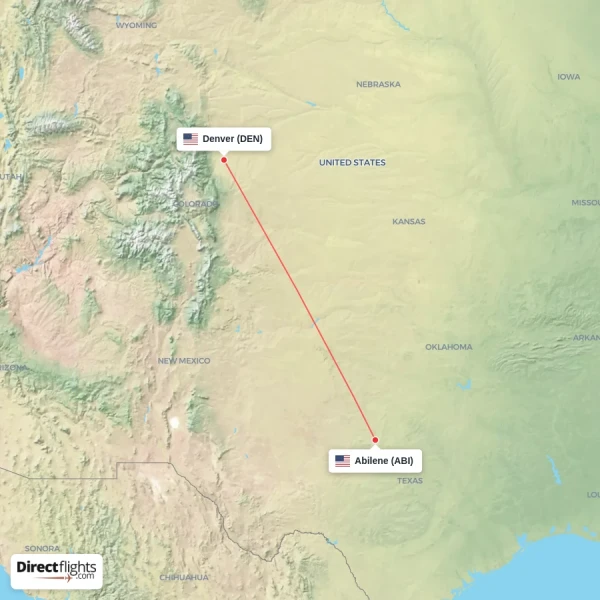 Denver - Abilene direct flight map