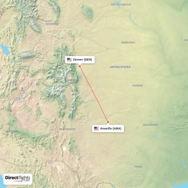 Denver - Amarillo direct flight map