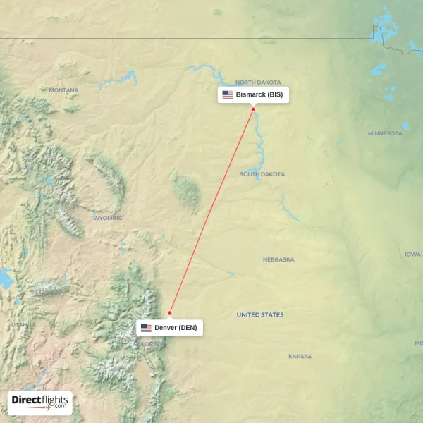 Denver - Bismarck direct flight map