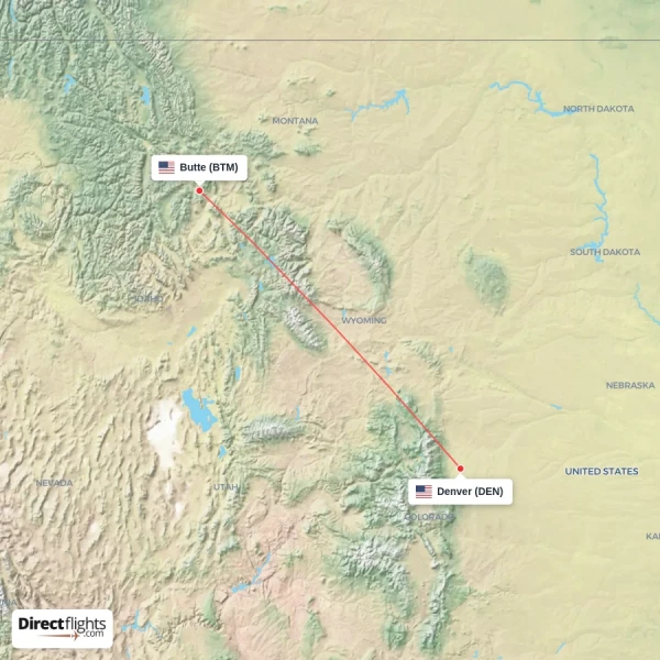 Denver - Butte direct flight map