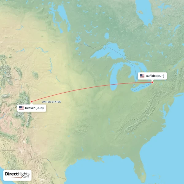Denver - Buffalo direct flight map