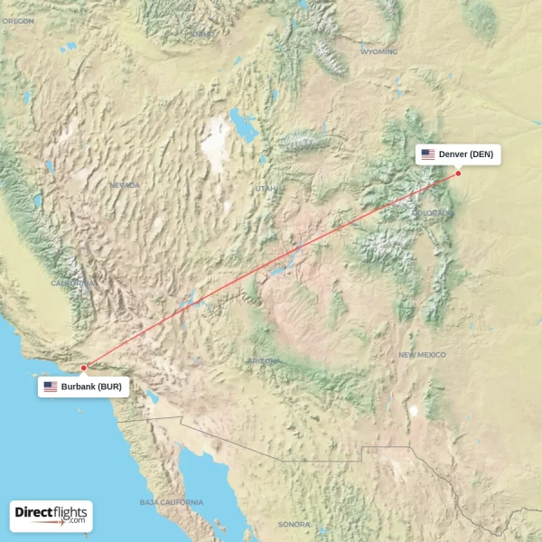 Denver - Burbank direct flight map